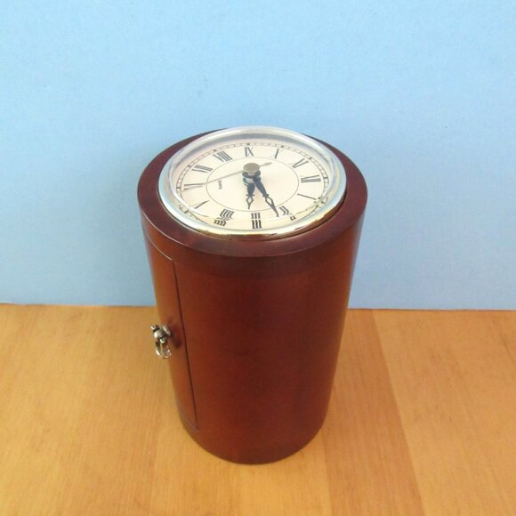 Vintage wood cylinder jewelry box with working clock - 6" tall - unisex - Picture 4 of 14